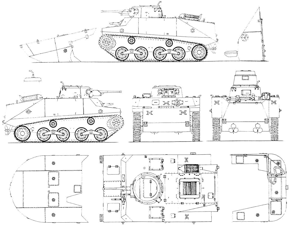 Раскраска Черно-белые схемы вида танка БТ-7 с различных ракурсов (вид сбоку, спереди, сзади, сверху, вид с башни, вид с днища)