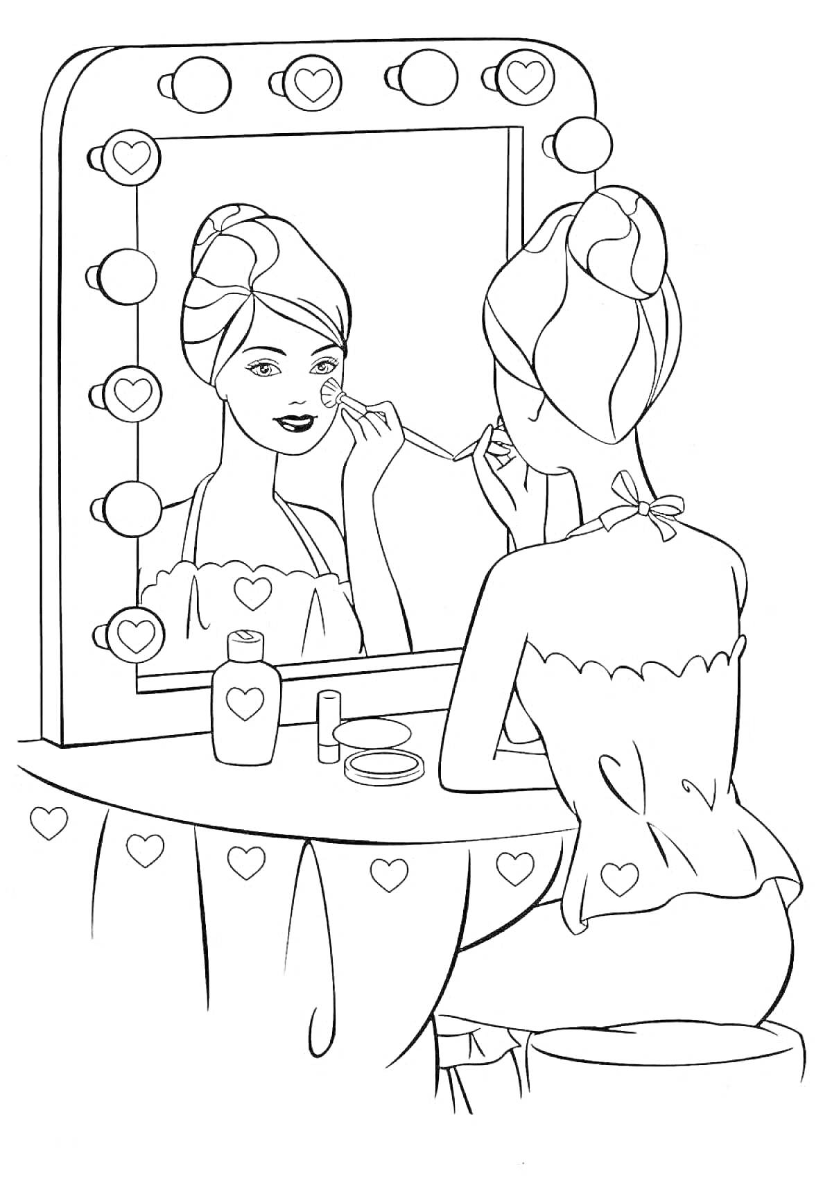 Раскраска Девушка, делающая макияж перед зеркалом с подсветкой и сердечками, предметы на столе: баночка, тюбик, круглая коробочка, стул