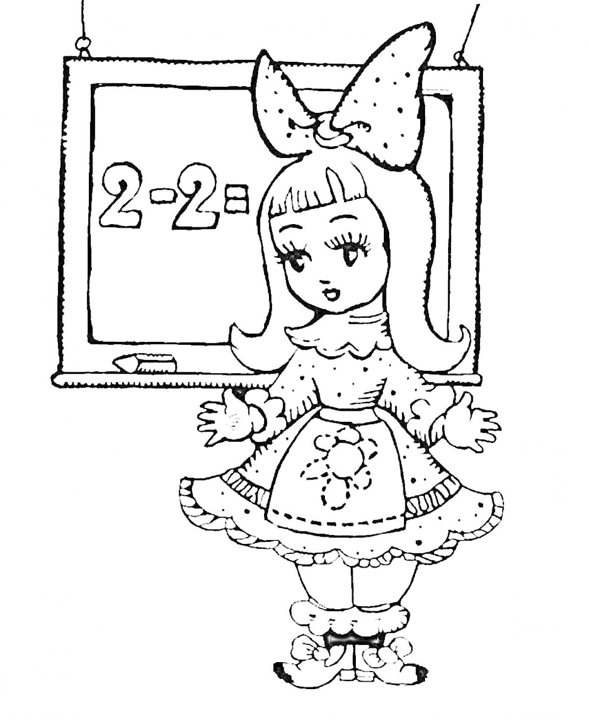 На раскраске изображено: Мальвина, Школьная доска, Математика, Вычитание, Кукла, Школьная форма