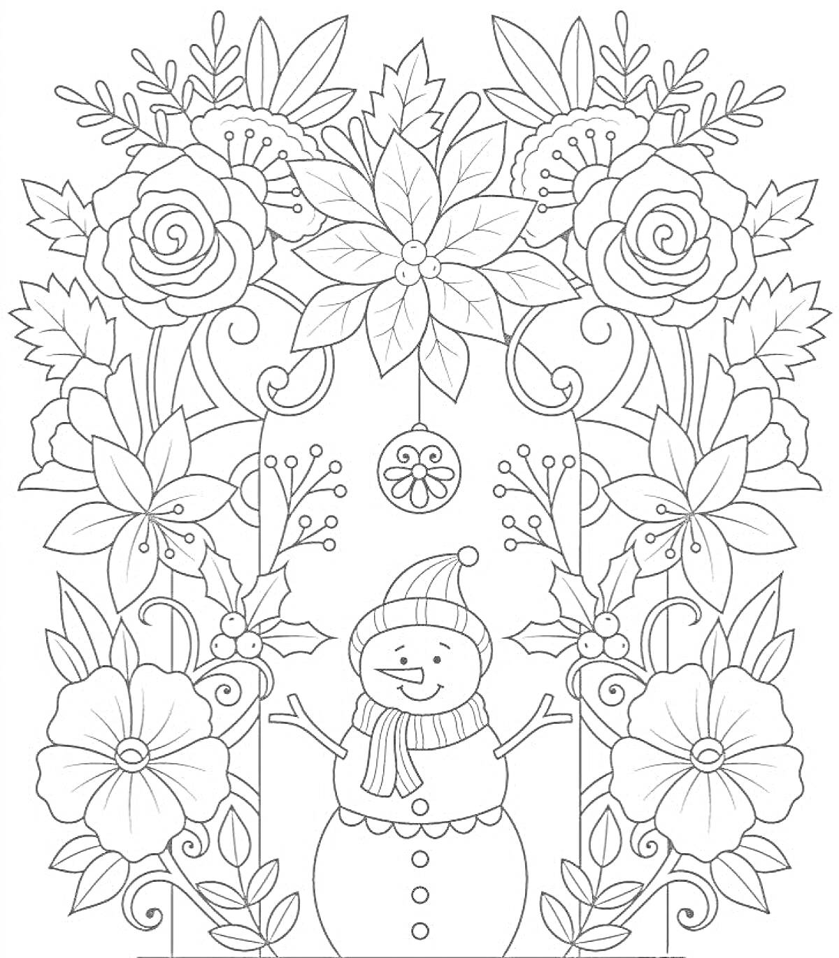 Раскраска Снеговик с цветами, листьями и ёлочными украшениями