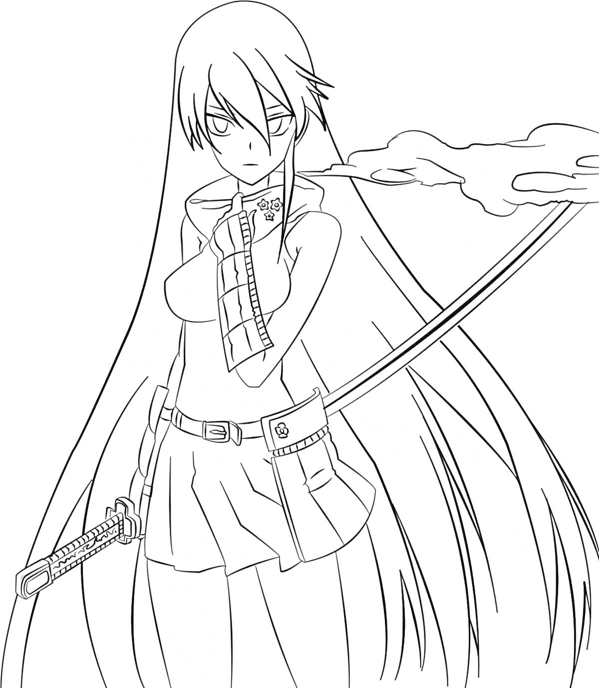 Раскраска Девушка с мечом и длинными волосами, одета в топ с рукавами и юбку, ножны меча прикреплены к поясу.