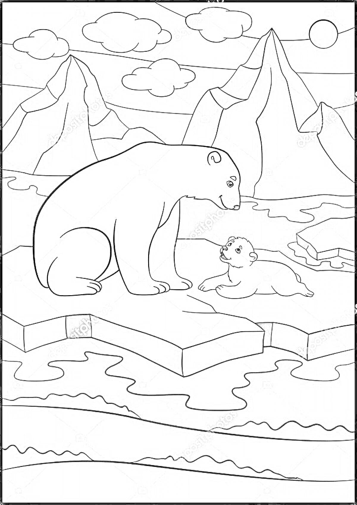 На раскраске изображено: Белый медведь, Льдина, Горы, Облака, Солнце, Природа, Арктика, Море, Пейзаж