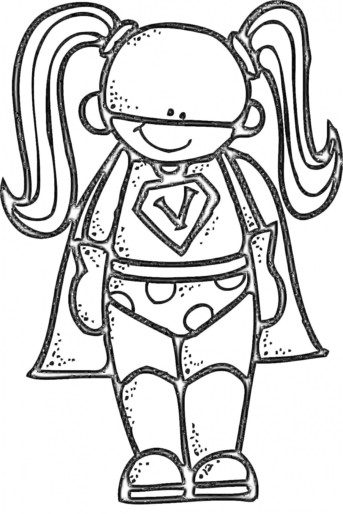 Раскраска Девочка-супергерой с хвостиками, плащом, символом V на костюме и в пятнистых трусах