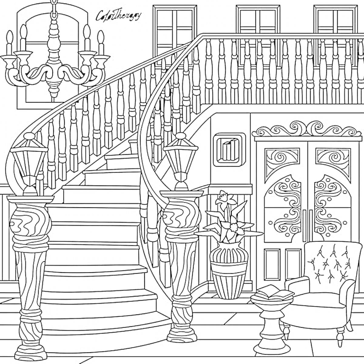 Раскраска Особняк с лестницей, дверьми и люстрой