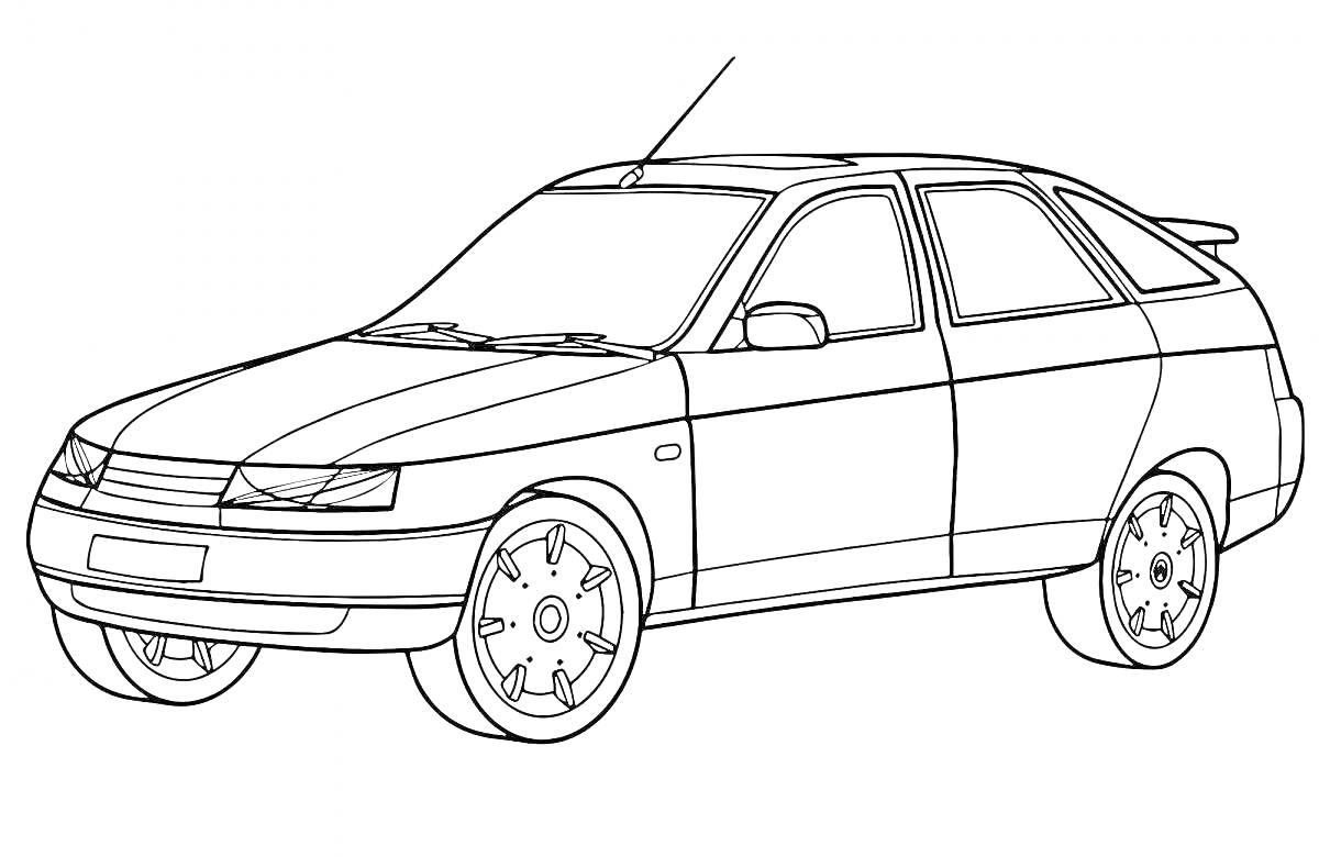 Раскраска Легковой автомобиль Лада с антеннами, зеркалами и большими колесами
