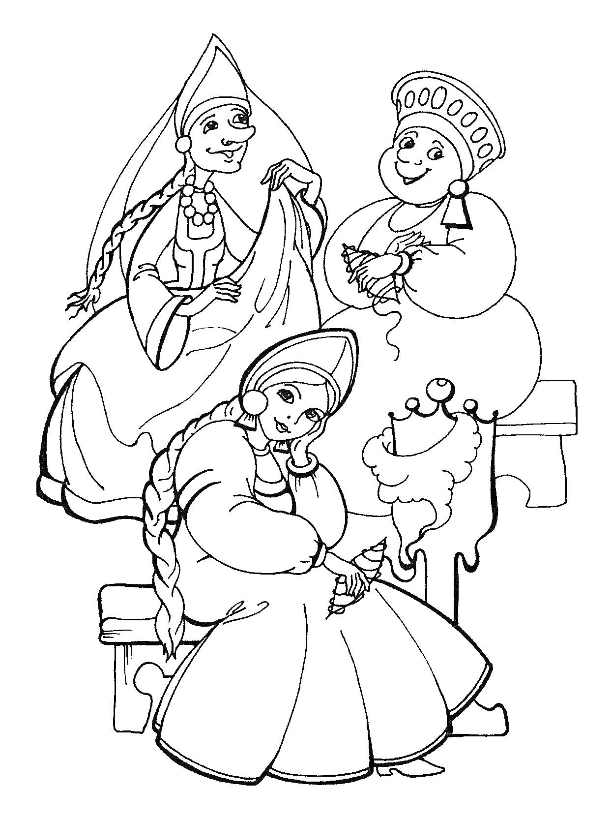 Три женщины в традиционных нарядах на скамеечке с прялкой из сказки о Царе Салтане