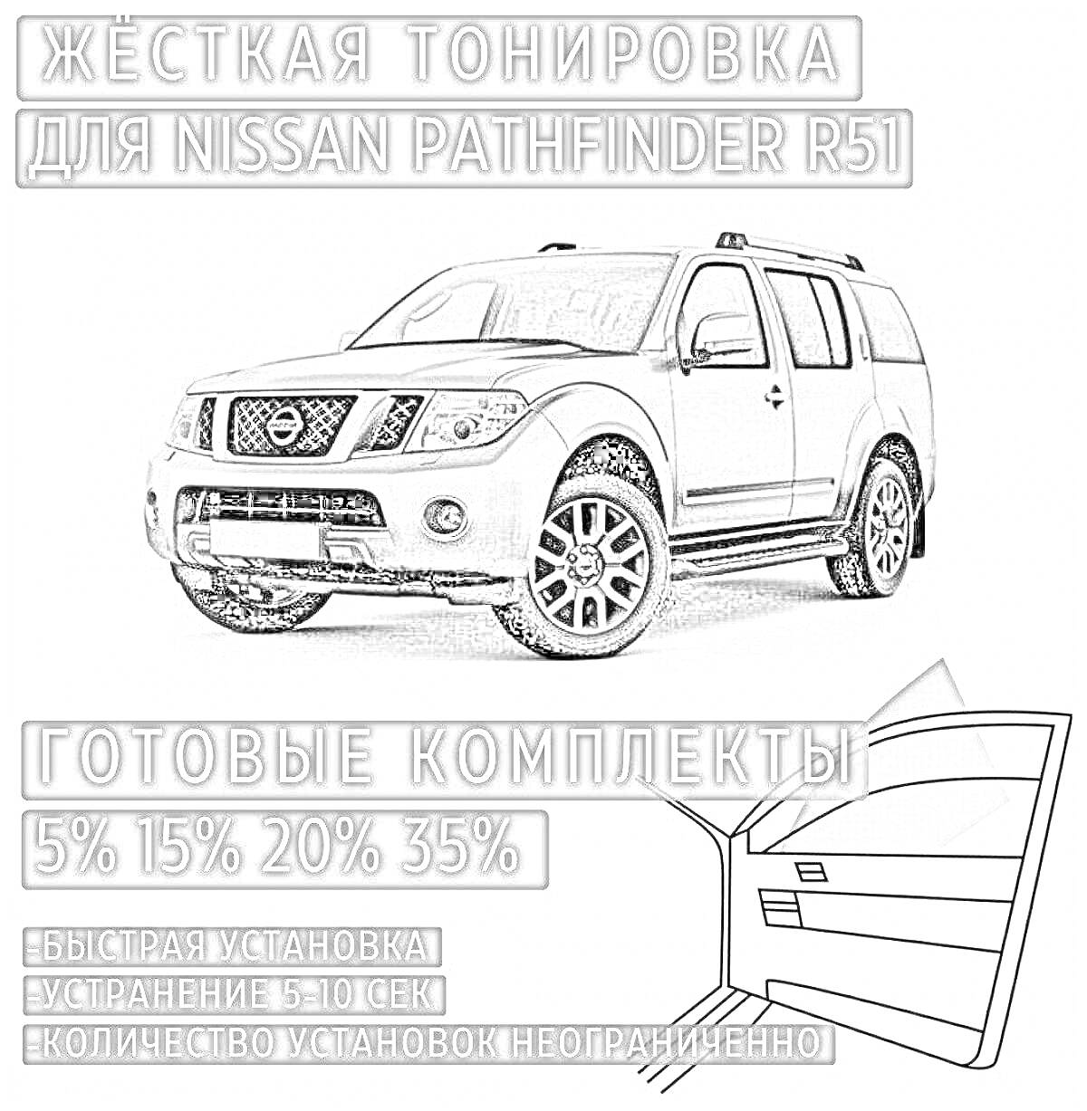 Раскраска Жесткая тонировка для Nissan Pathfinder R51, готовые комплекты с оттенками 5%, 15%, 20%, 35%, быстрая установка, устранение 5-10 сек, количество установок неограниченно