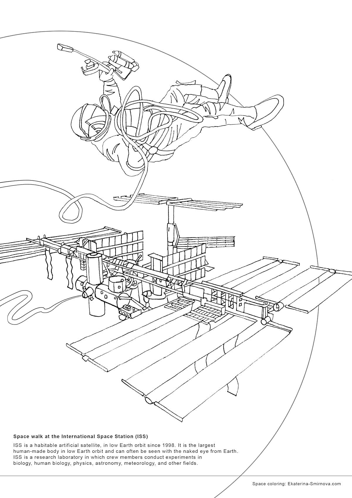 Раскраска Космонавт, выполняющий выход в открытый космос на фоне Международной космической станции