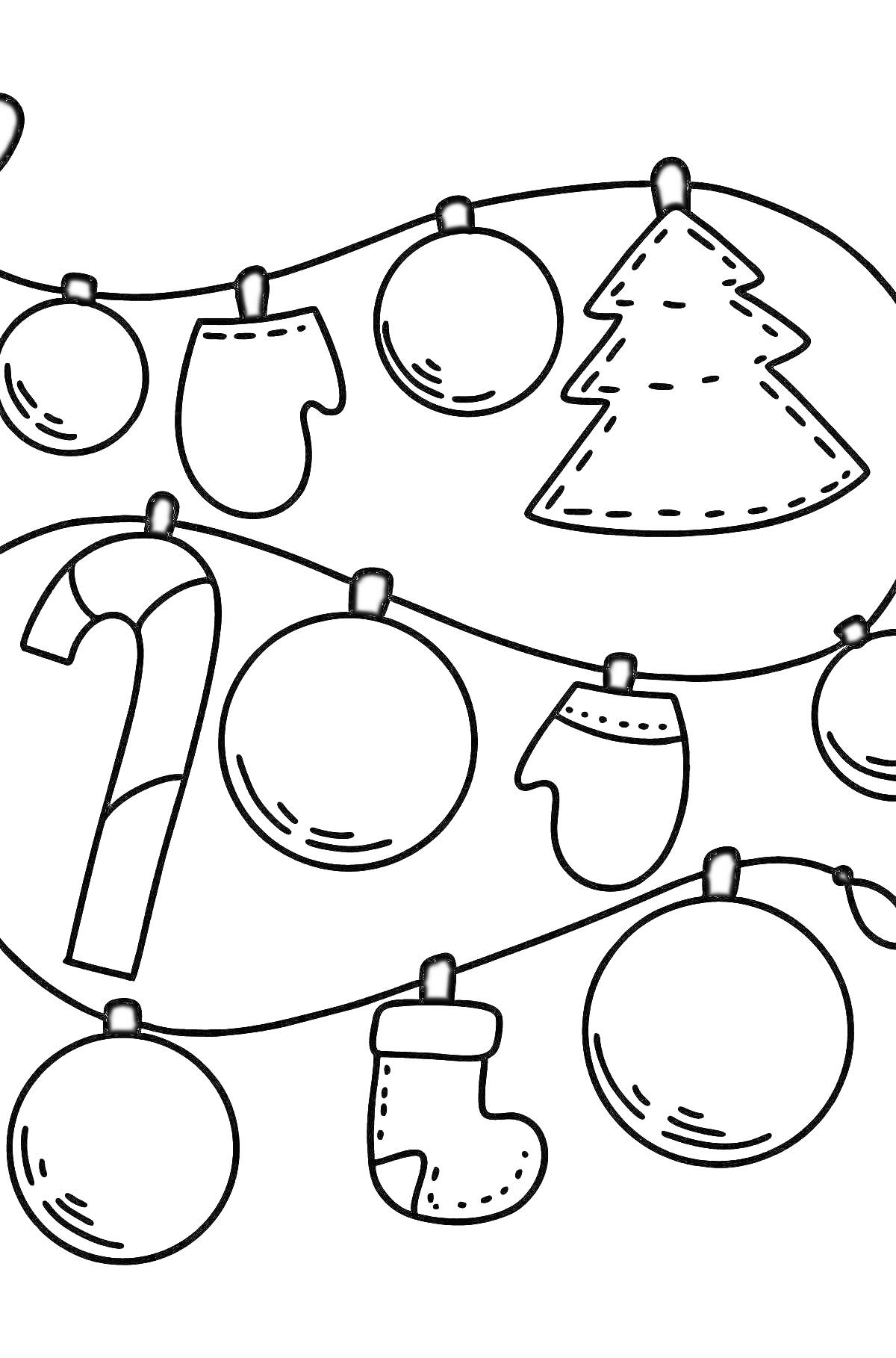Раскраска Елочные шары, карамельная палка, варежки, елочка, носок на гирлянде