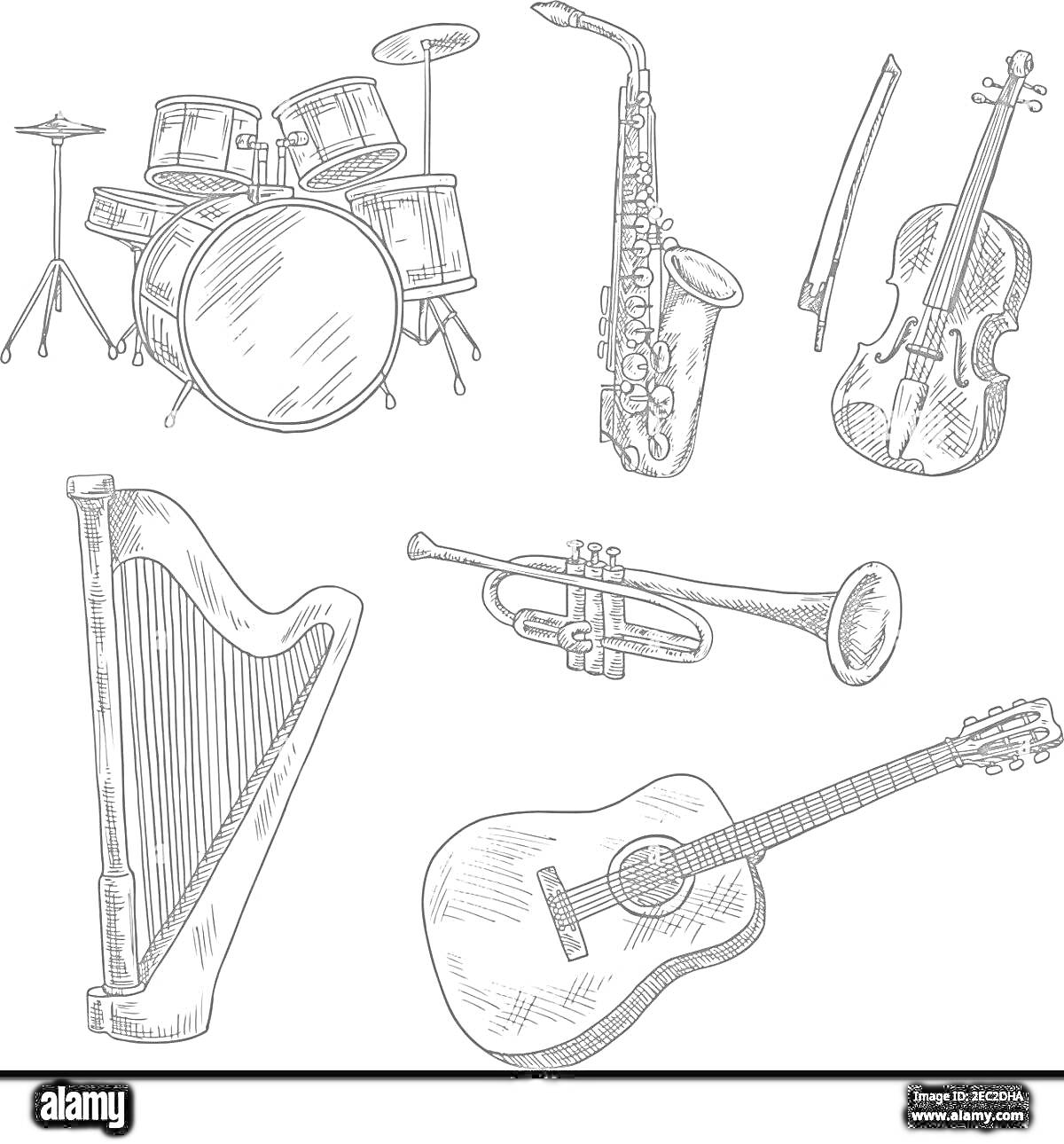 На раскраске изображено: Музыкальные инструменты, Саксофон, Скрипка, Смычок, Арфа, Труба, Гитара, 2 класс