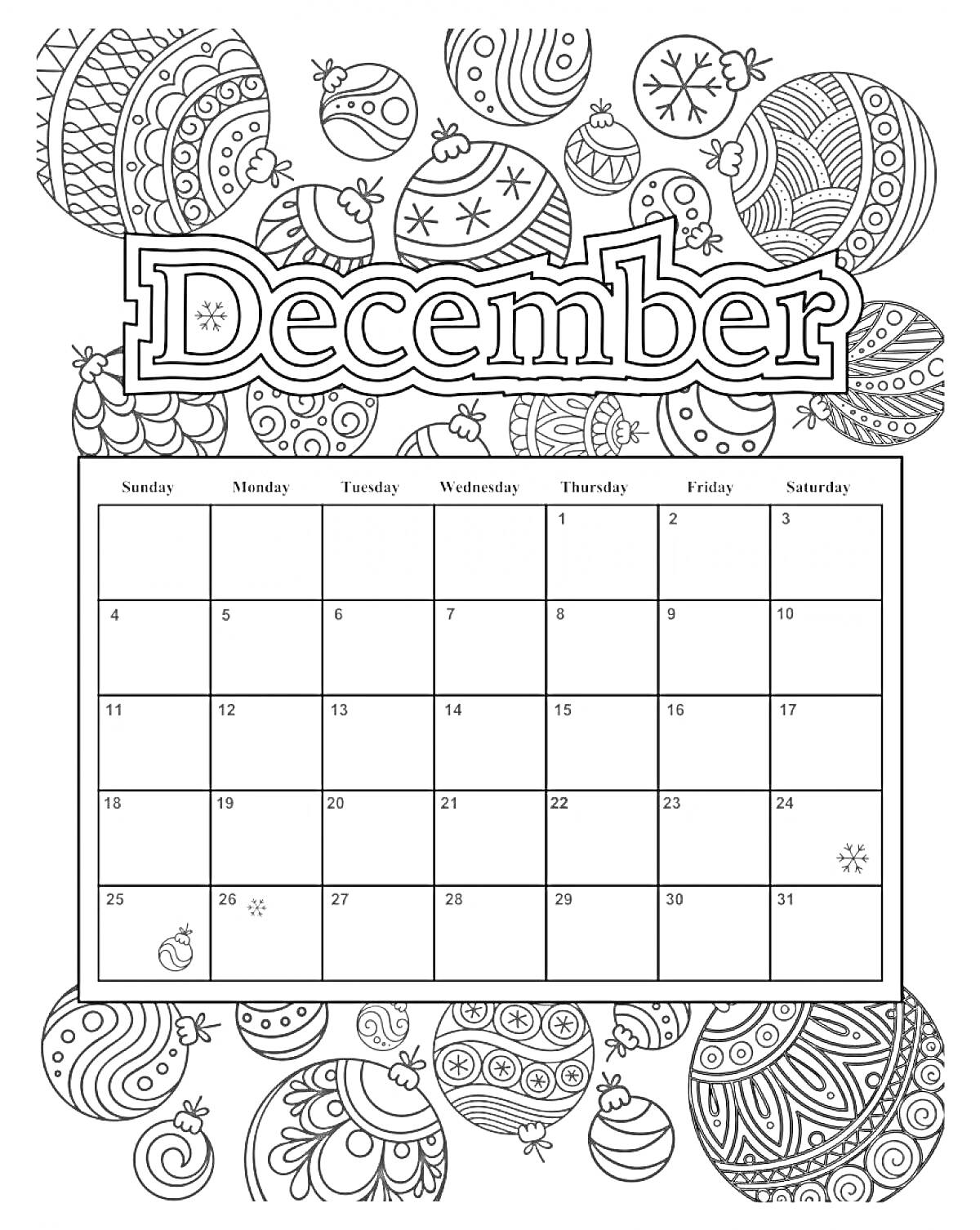 На раскраске изображено: Календарь, Декабрь, Для детей, Новогодние игрушки, Праздники, Зима, Рождество, Украшения, Мандала