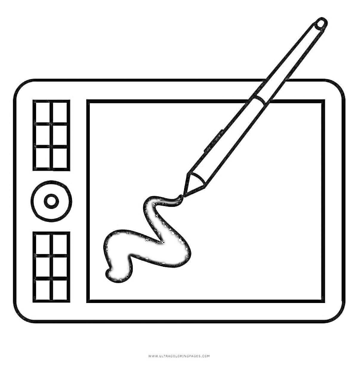 На раскраске изображено: Графический планшет, Ручка, Цифровое искусство, Кнопки, Линии, Экран