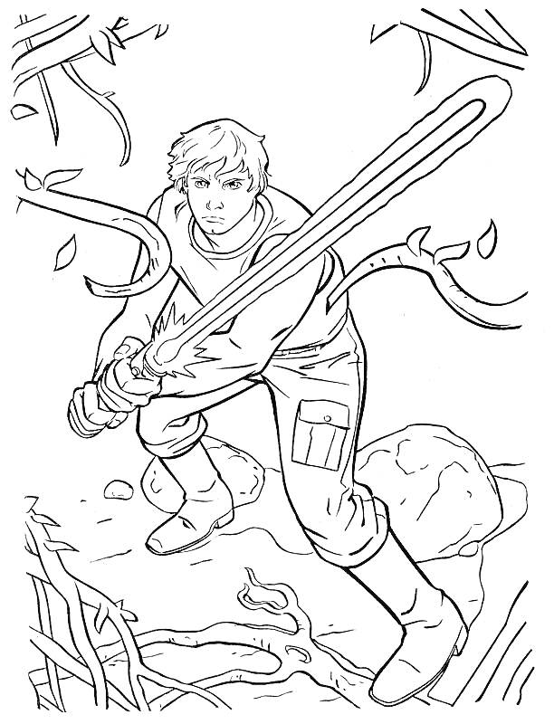 Раскраска Молодой парень с мечом в лесу