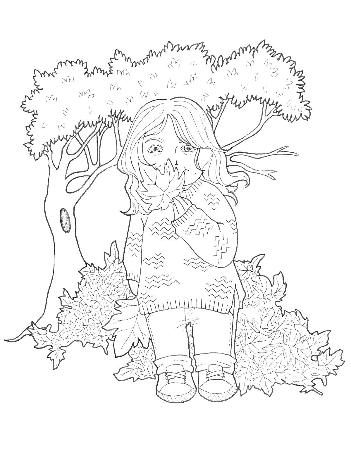 На раскраске изображено: Девочка, Осень, Листы, Природа, Листья, Свитер, Ботинки, Короткие волосы