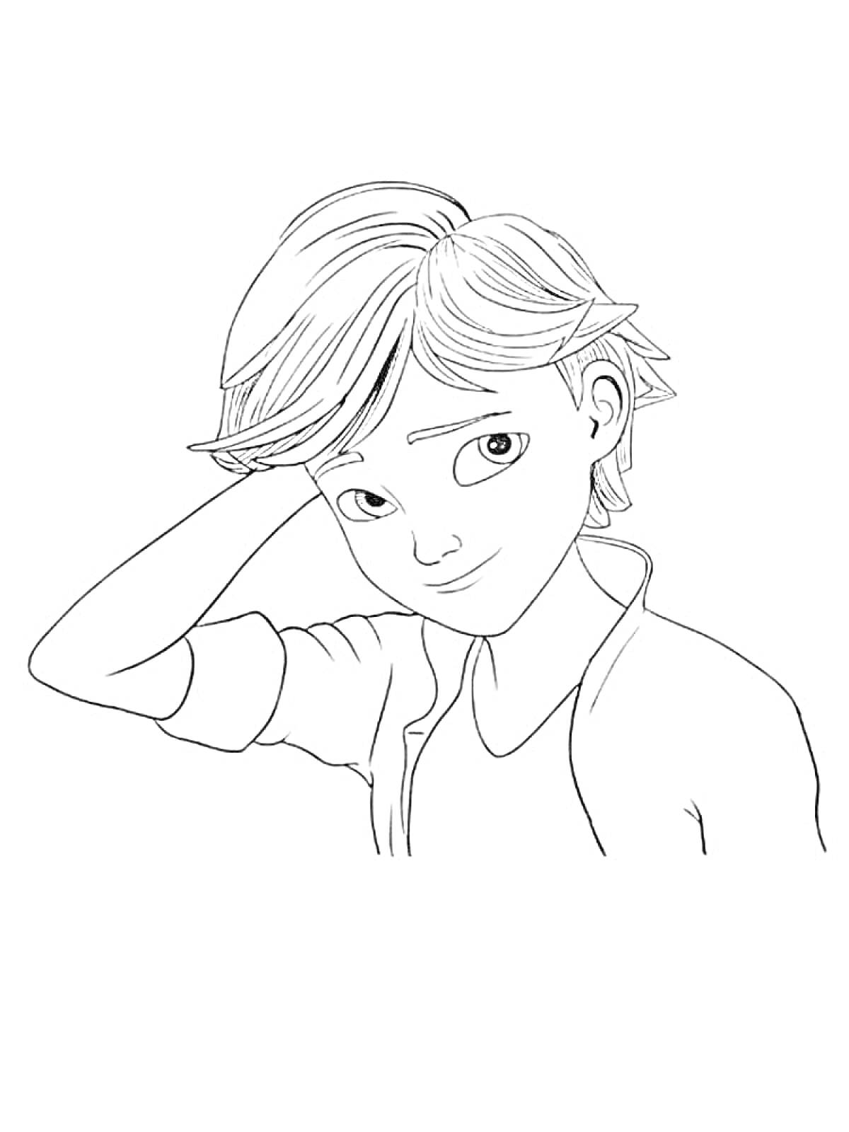 Раскраска Персонаж-человек с короткими волосами, в куртке и футболке, руку держит у головы