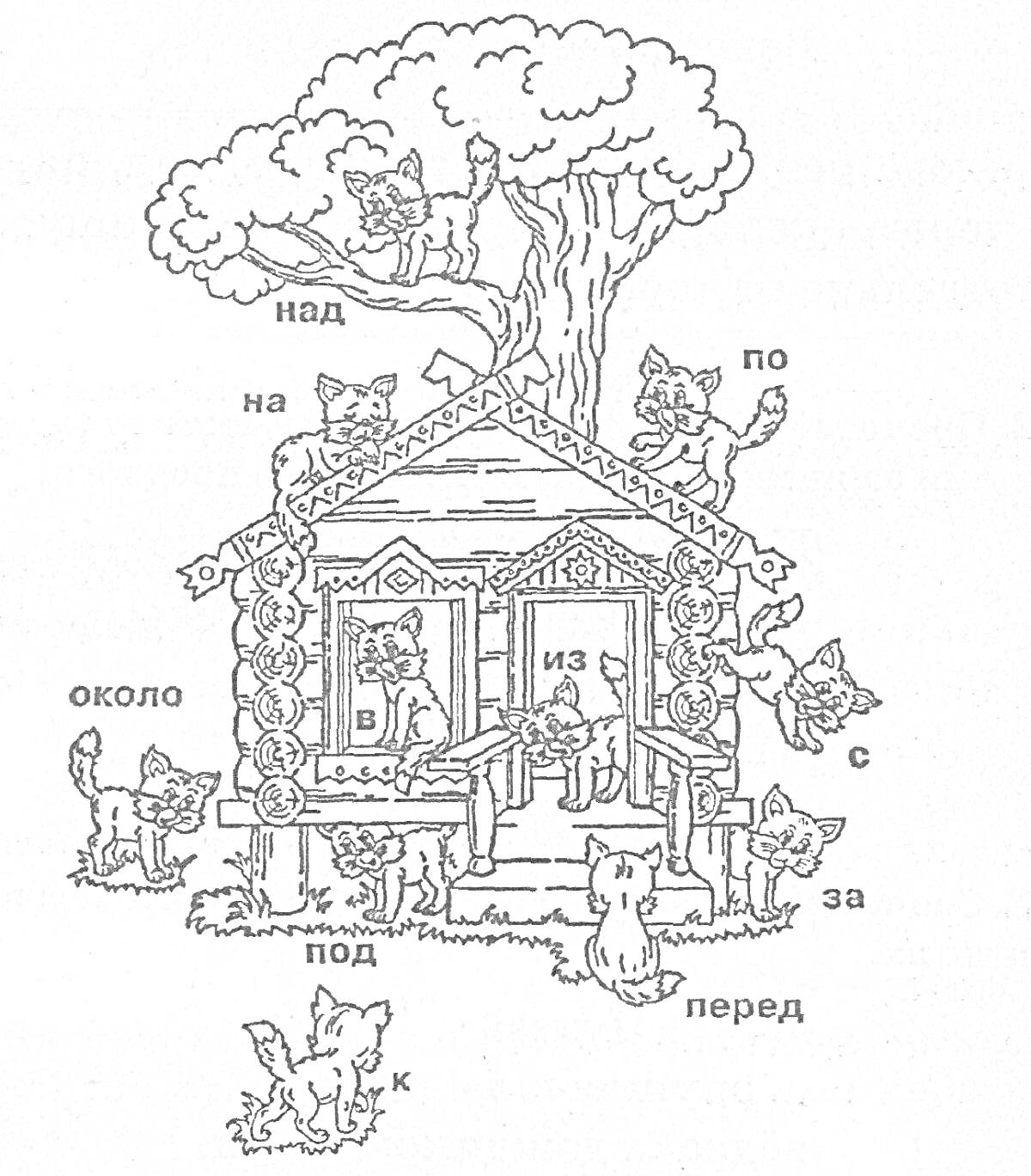 Раскраска кошки и котята в доме и вокруг него с предлогами (из, на, по, над, окло, под, к, с, за, перед)
