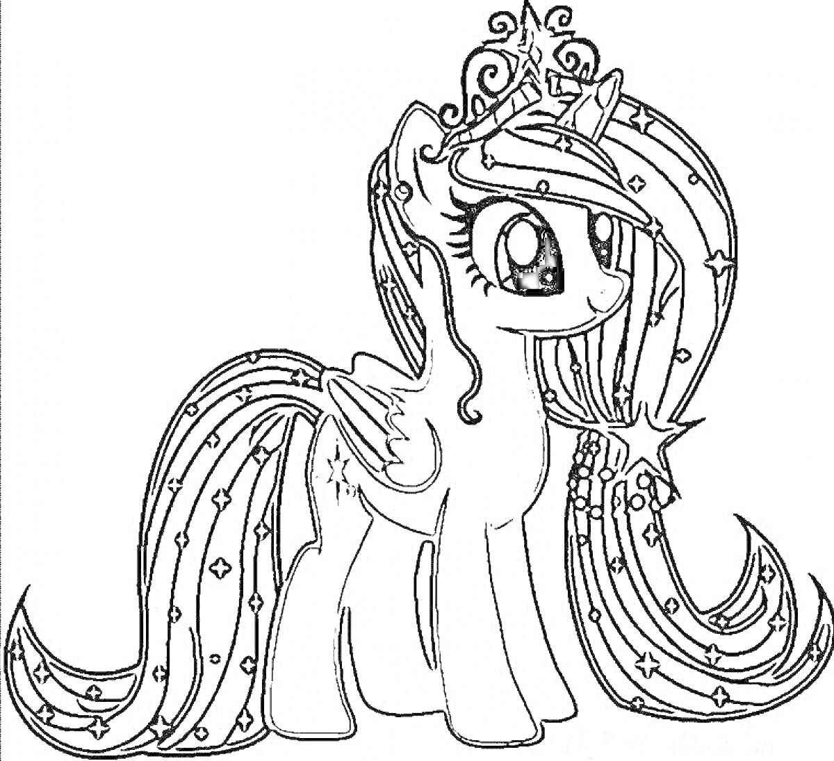 Раскраска Пони с крыльями и длинной гривой, украшенная корона и звезды