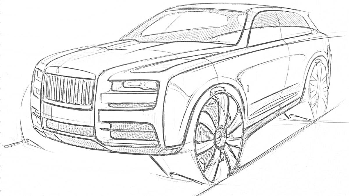 Раскраска эскиз автомобиля Rolls-Royce с характерной решеткой радиатора и большими колесами