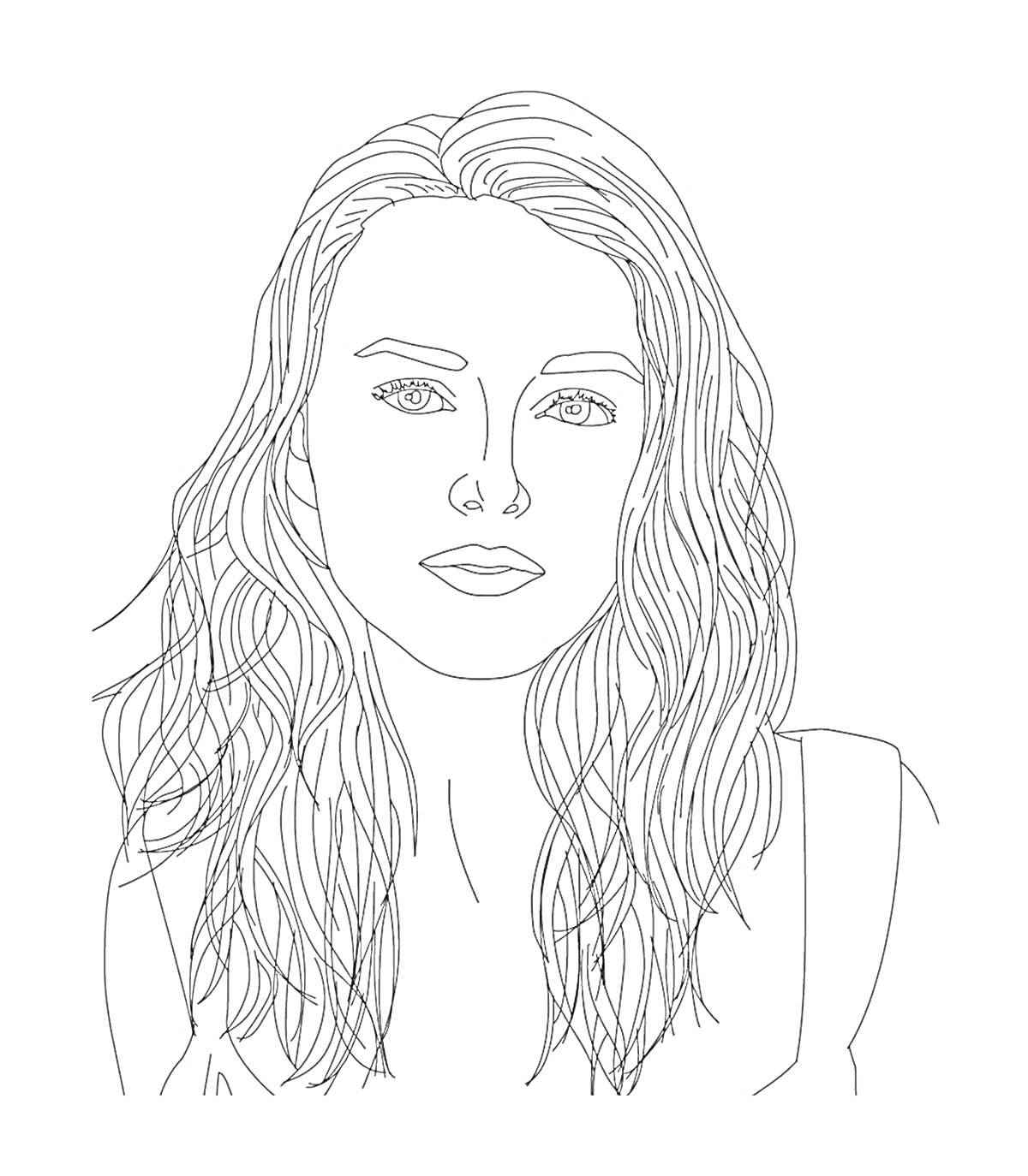На раскраске изображено: Длинные волосы, Волнистые волосы, Лицо, Глаза, Губы