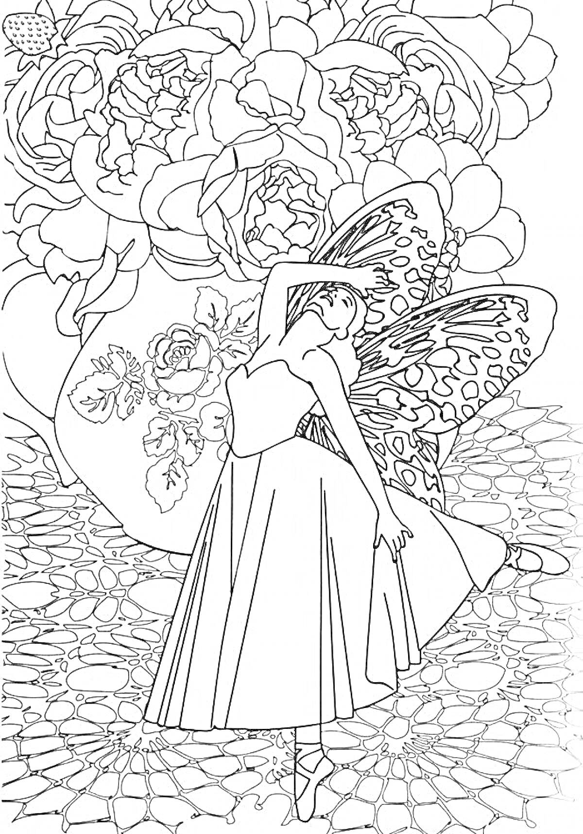 На раскраске изображено: Фея, Крылья, Танец, Цветы, Ваза, Букет цветов