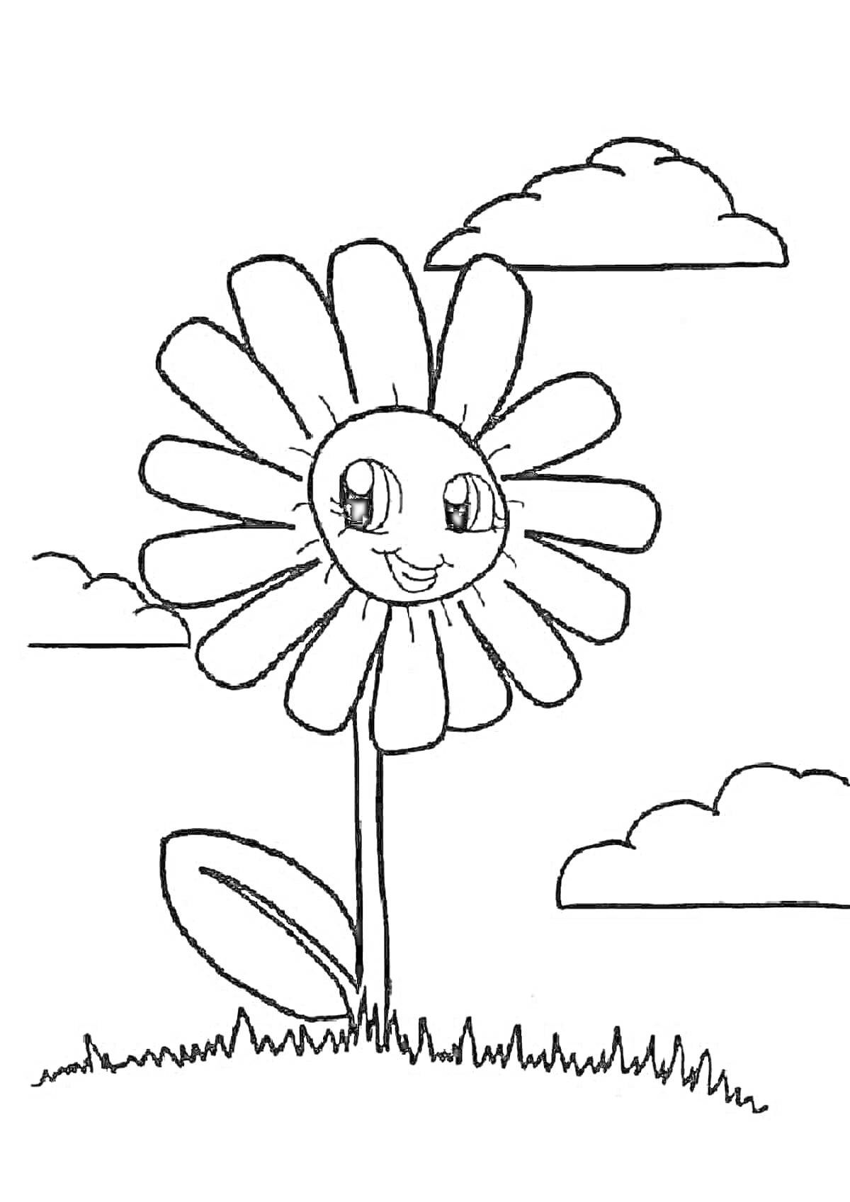 На раскраске изображено: Ромашка, Улыбка, Трава, Облака, Для детей, Природа, Цветы, Контурные рисунки
