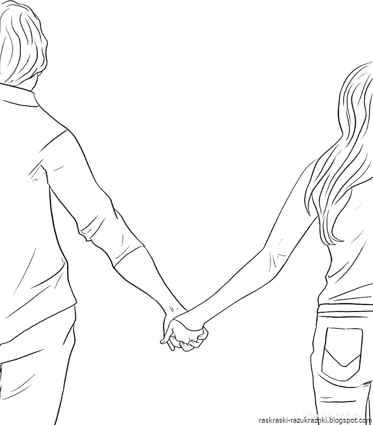 На раскраске изображено: Любовь, Пара, Романтика, Держатся за руки, Линии, Человек, Контурные рисунки