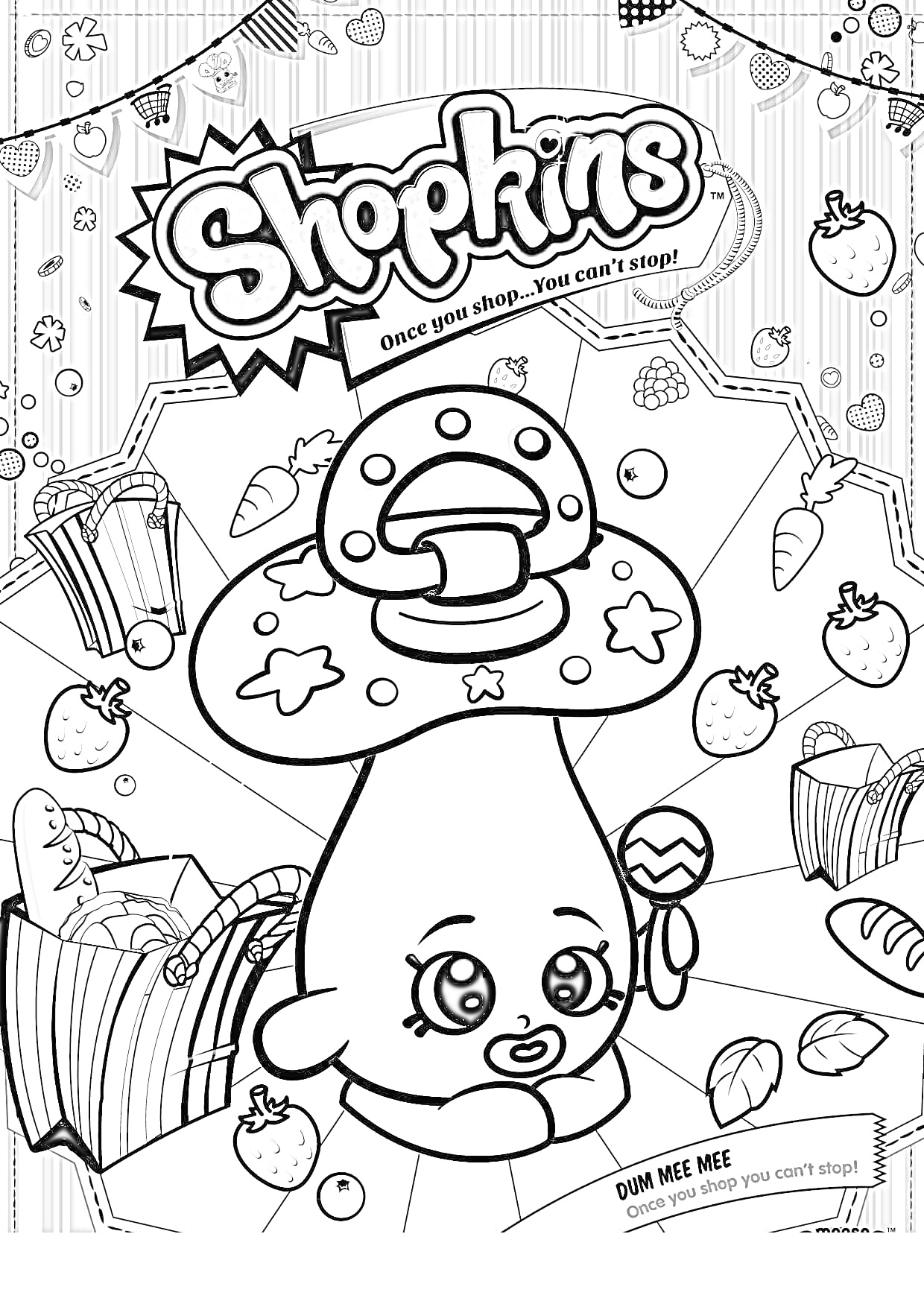 Раскраска Shopkins с грибом, леденцом, подарочными коробками и клубникой