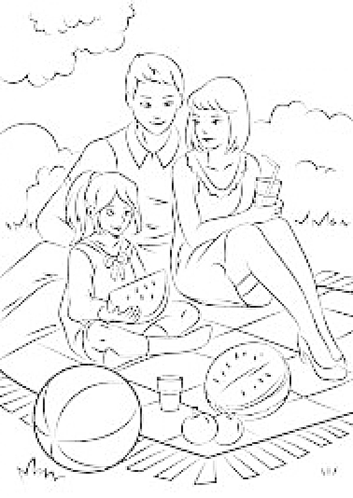 Раскраска Семья на пикнике, девочка ест арбуз, родители рядом, на покрывале фрукты, стакан, мяч