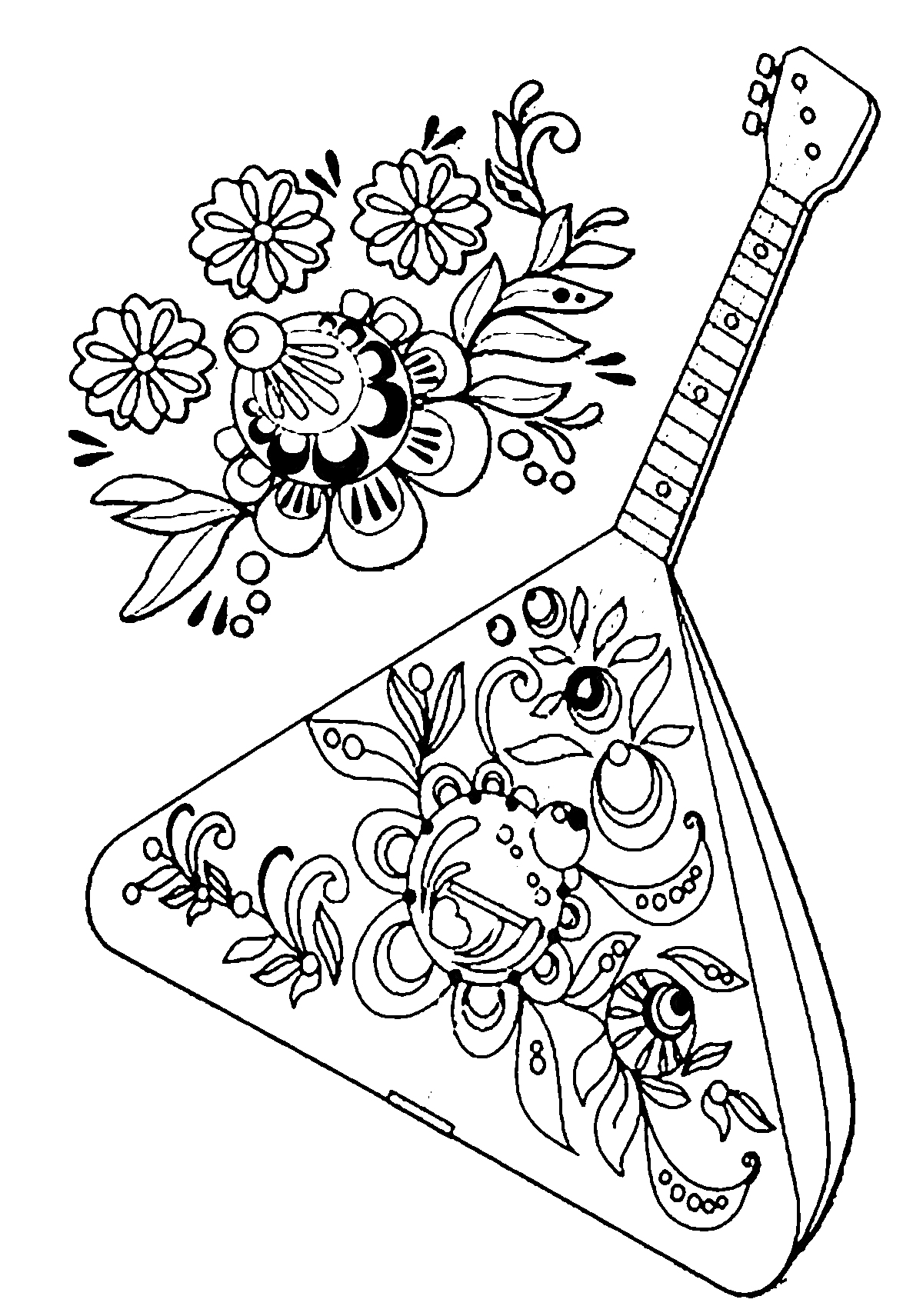 На раскраске изображено: Балалайка, Музыкальный инструмент, Цветы, Орнамент, Разукрашка, Традиции, Узоры