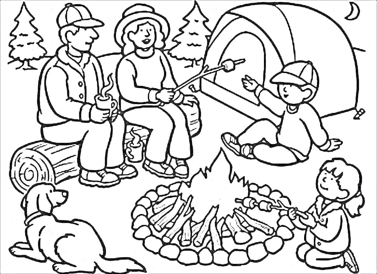 Раскраска Семья у костра в походе, сидящие на бревне, собака, туристическая палатка, сосны, ночь, звезды, маршмэллоу на палочке.