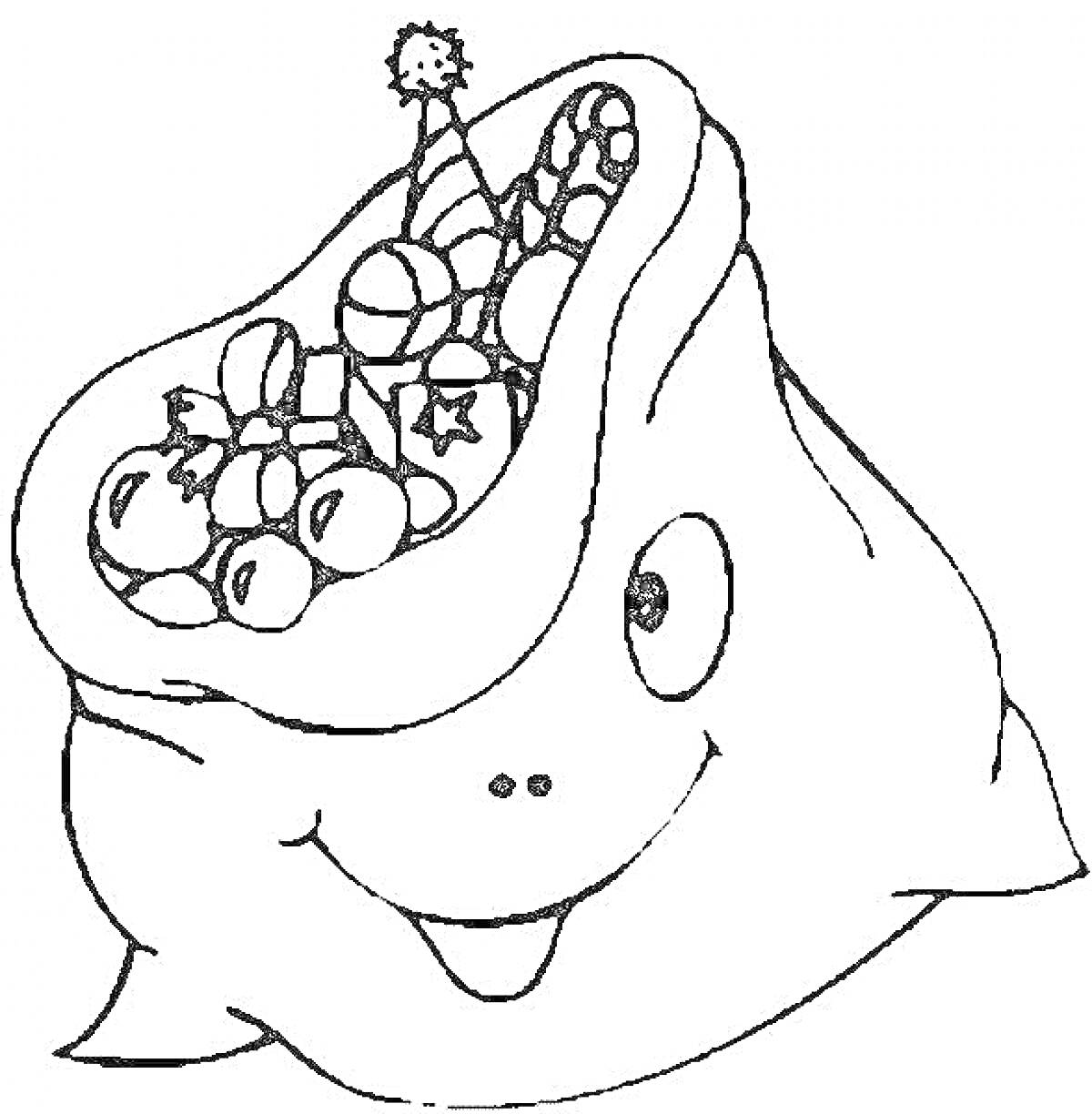 Раскраска улыбающийся мешок с подарками, конфетами и подарочной шапкой