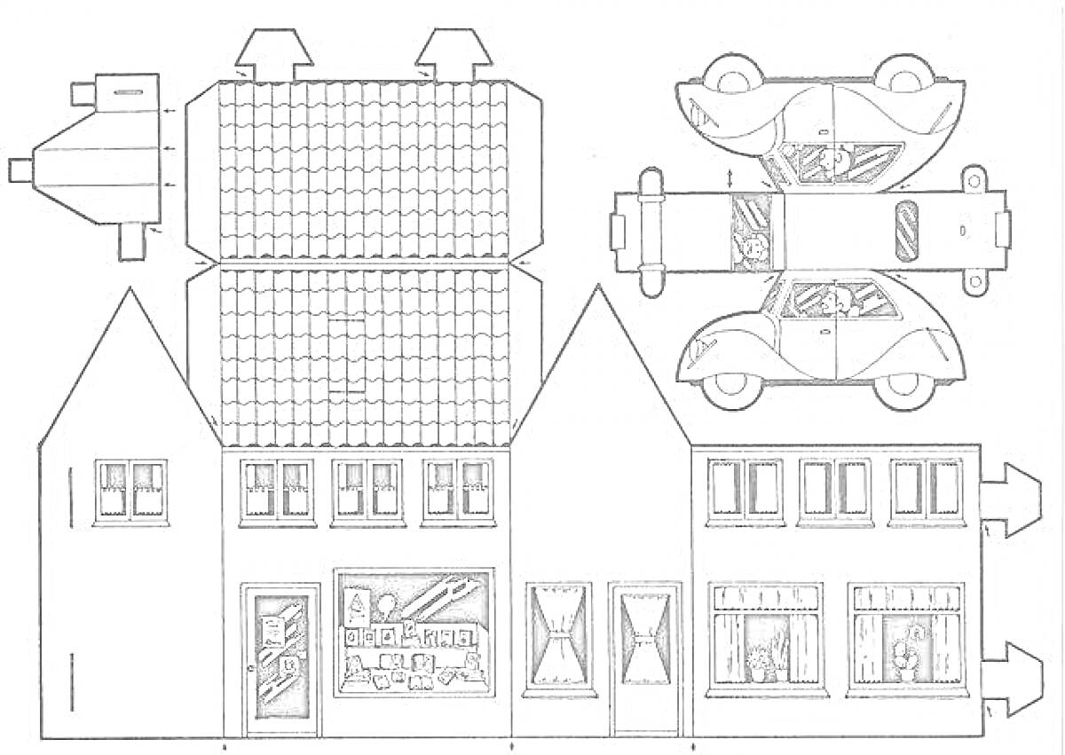 Раскраска Бумажный дом с крышей и автомобилем, в виде схемы для вырезания и сборки