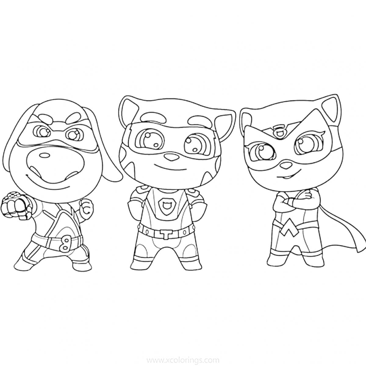 На раскраске изображено: Говорящий Том, Супергерои, Три персонажа, Дружба, Для детей