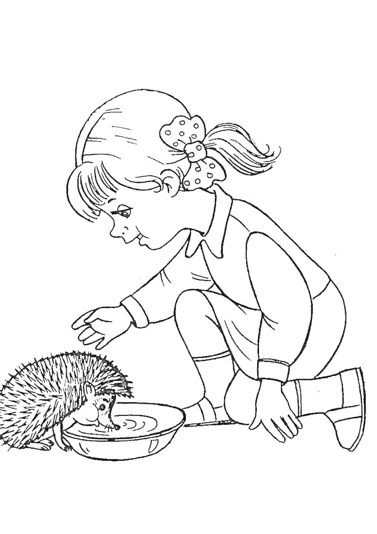 Раскраска Девочка с хвостиком и бантиком кормит ёжика из миски