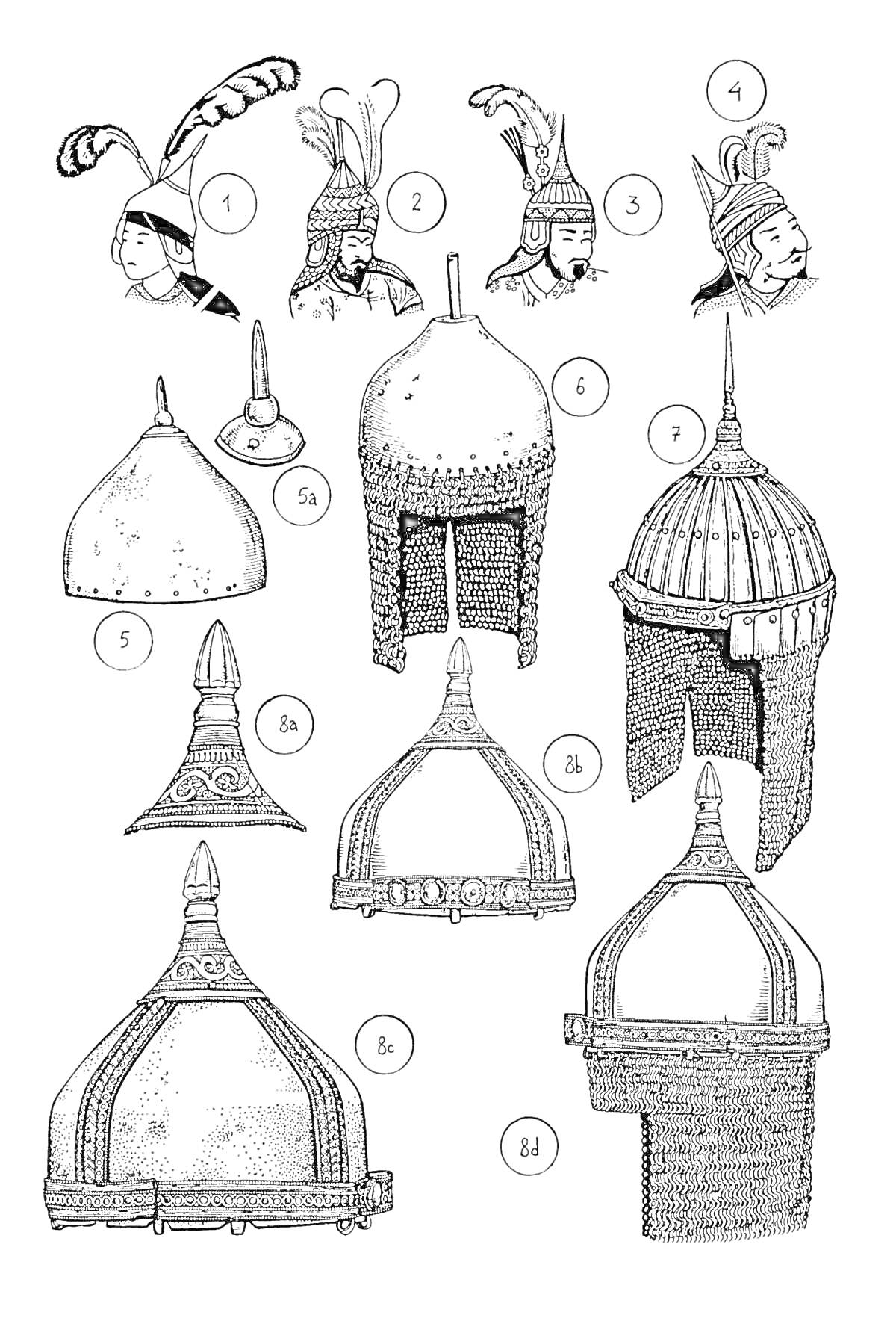 Раскраска Различные шлемы богатырей с перьями и без, закрытые и открытые, с кольчужной защитой.