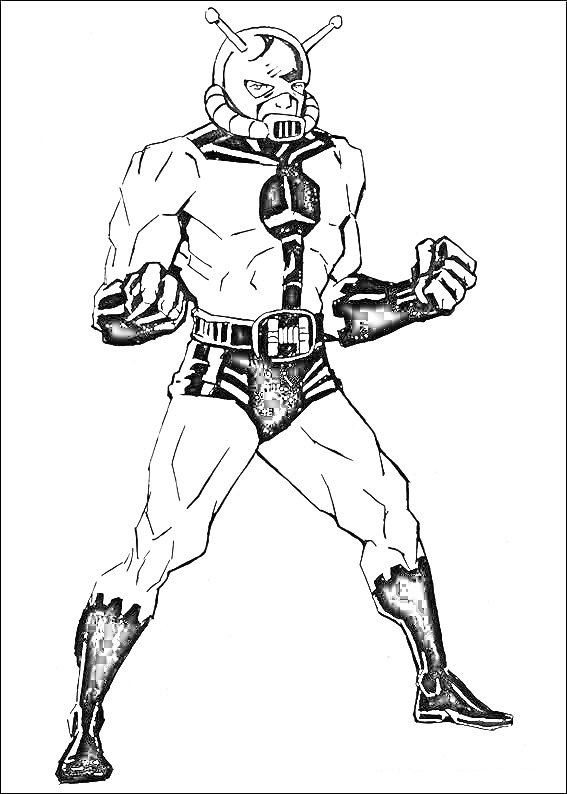 Раскраска Супергерой в шлеме с антеннами, в экипировке с перчатками и сапогами, в боевой позе