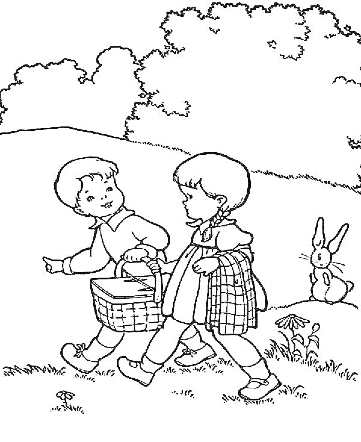 Раскраска Дети идут на пикник с корзиной и пледом, на заднем плане лес и кролик в траве