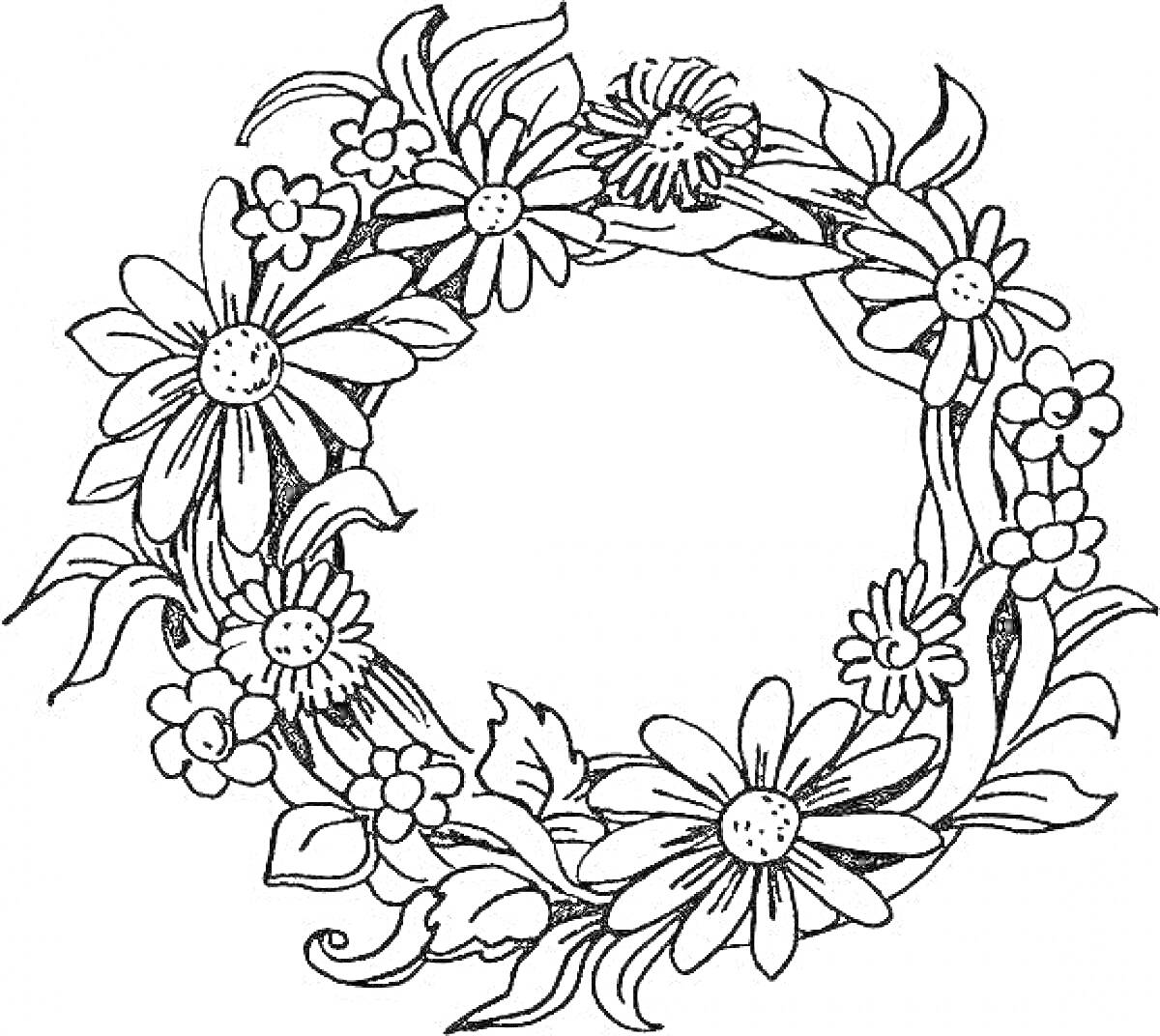 Раскраска венок из цветов с листьями и ягодами