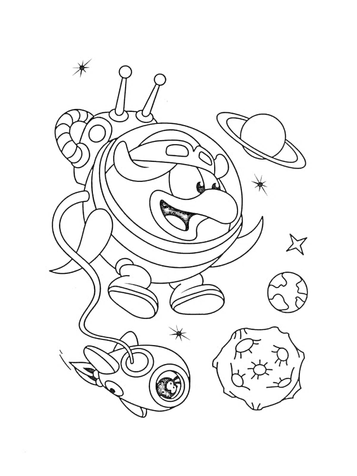 На раскраске изображено: Смешарики, Космос, Планеты, Ракета