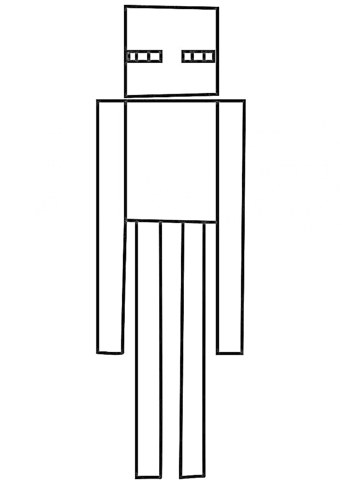 На раскраске изображено: Майнкрафт, Эндермен, Моб, Видеоигра, Квадратная голова, Длинные руки, Длинные ноги