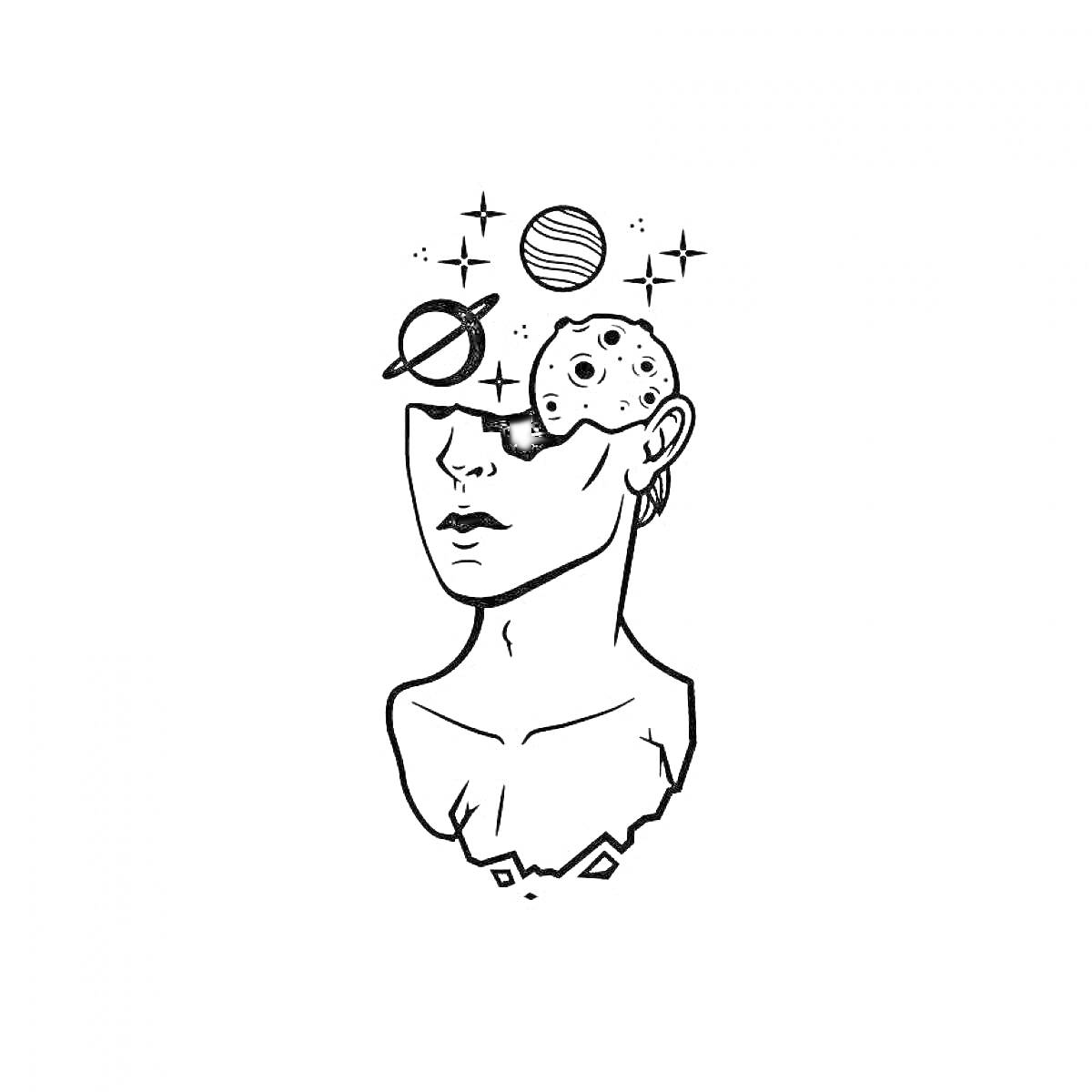 Раскраска Портрет с планетами и звездами. Голова человека с открытым черепом, откуда выходят планеты и звезды.