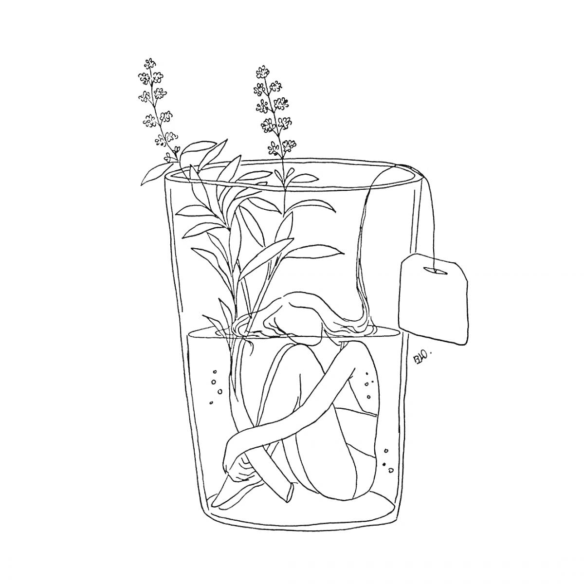 Человек в чашке с растениями и чайным пакетиком