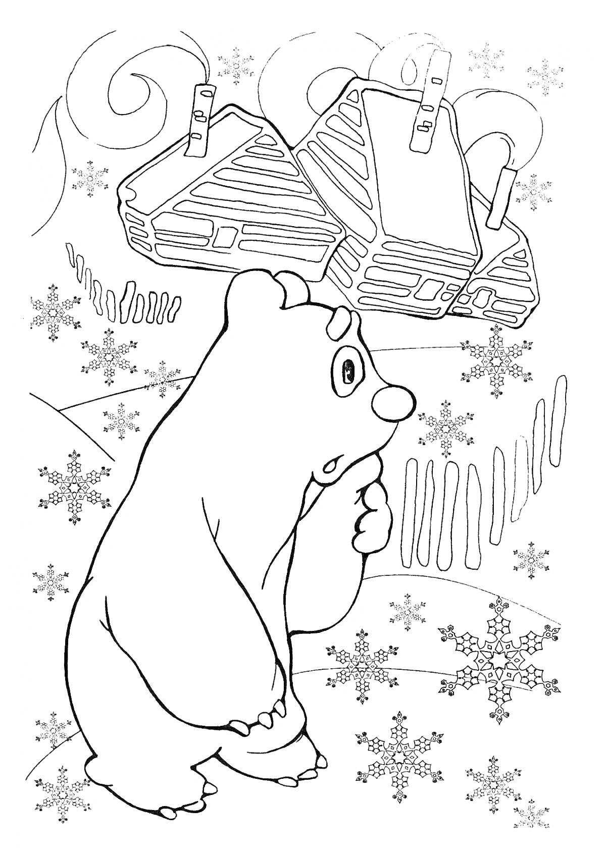 Раскраска Медведь среди снегопада на фоне деревянных домиков