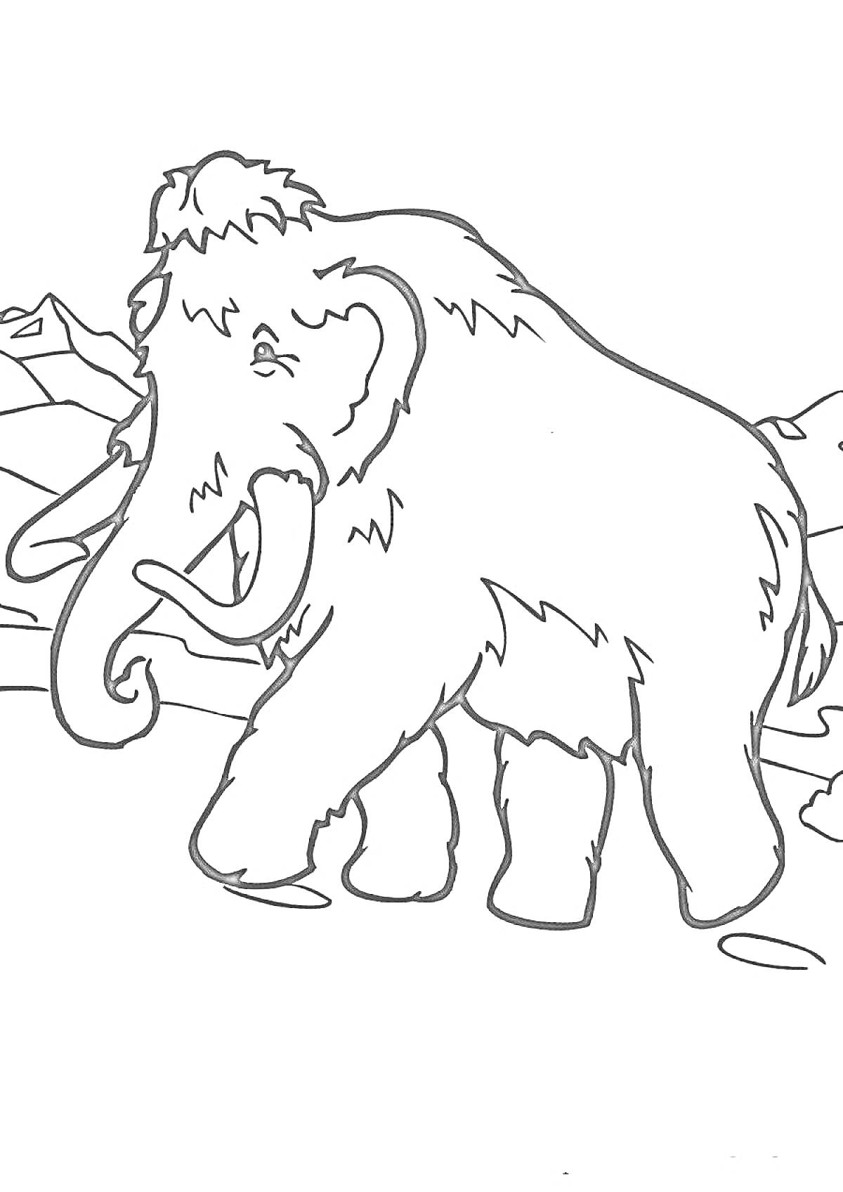 На раскраске изображено: Мамонт, Горы, Животные, Ледниковый период, Древние животные