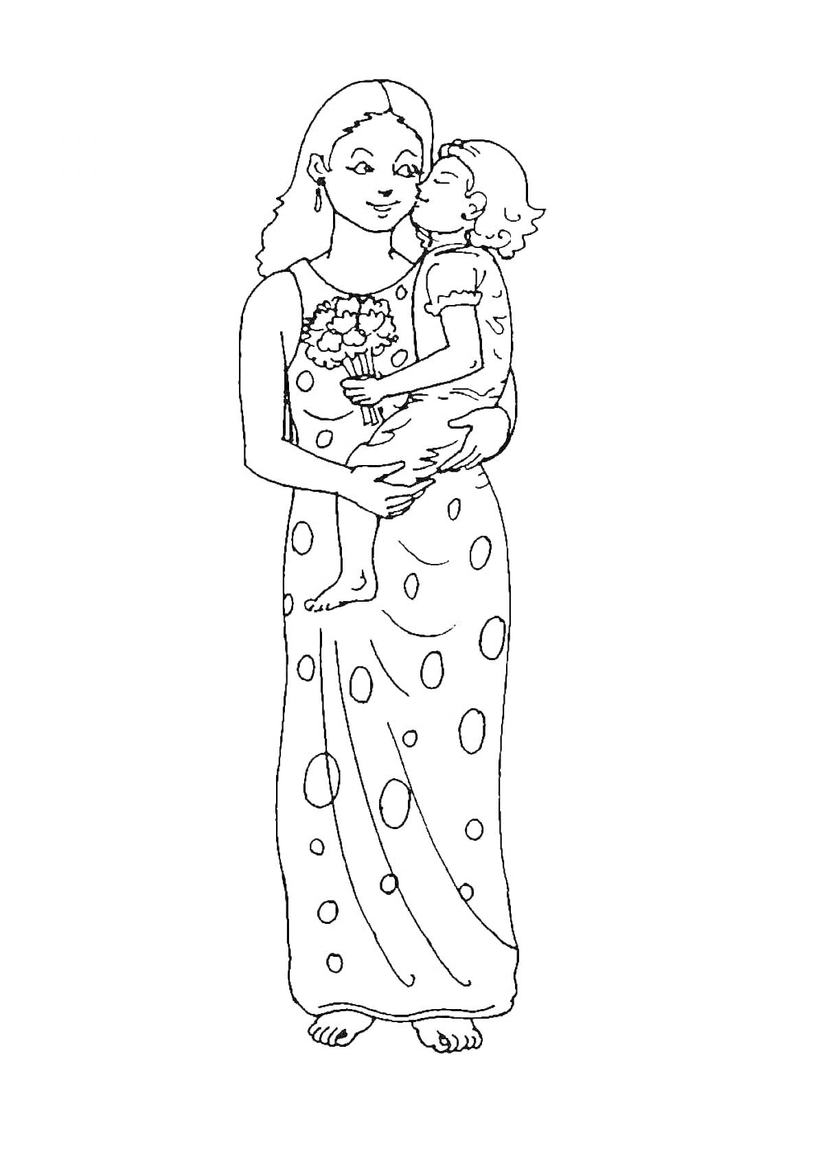На раскраске изображено: Мама, Ребенок, Платье в горошек, Семейная любовь, Мать и дитя, Объятия