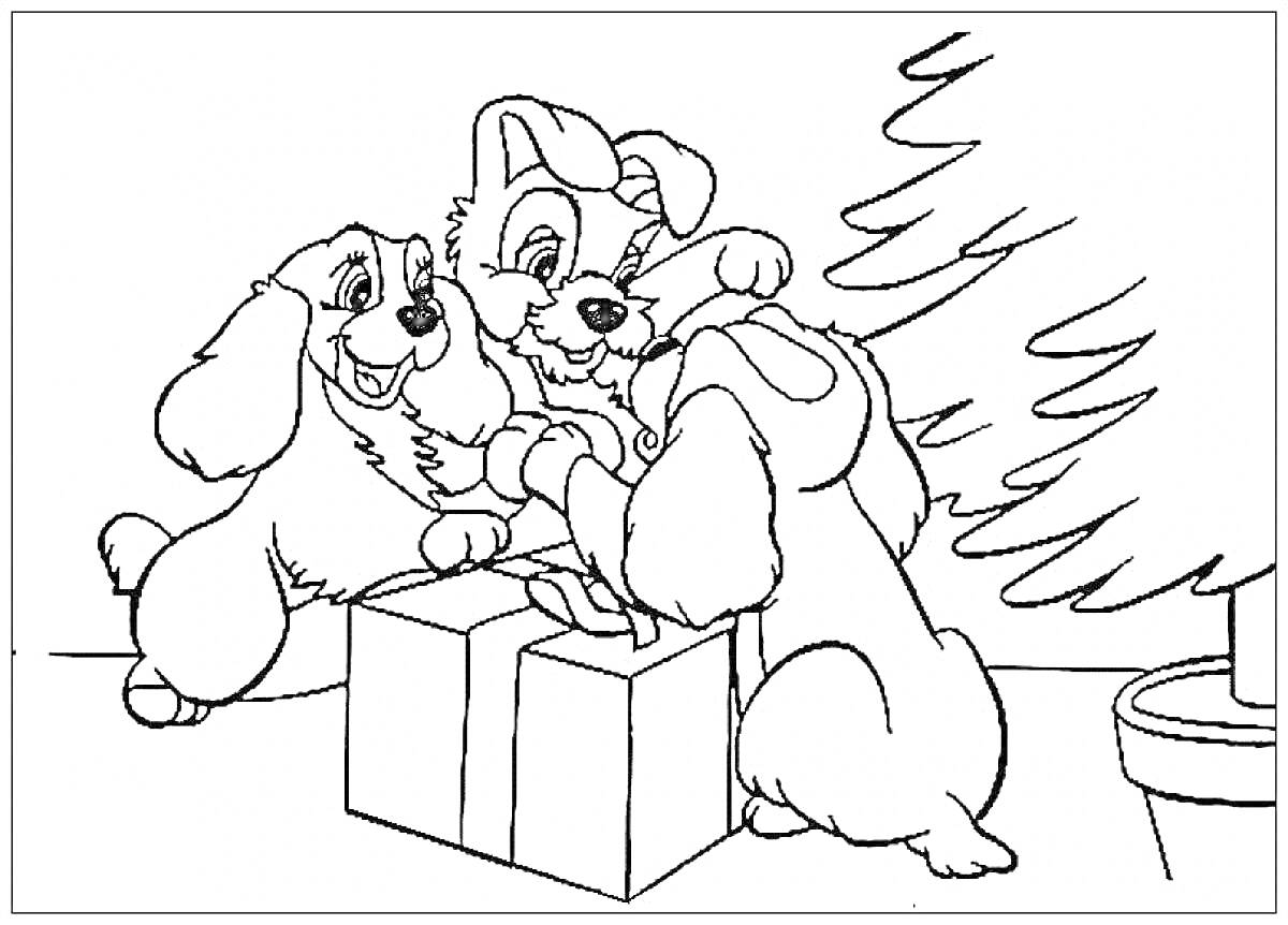 Раскраска Две собаки рядом с новогодней ёлкой открывают подарок