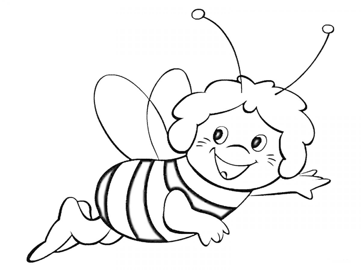 Раскраска Летящая улыбающаяся пчелка с антеннами, крыльями и полосатым телом