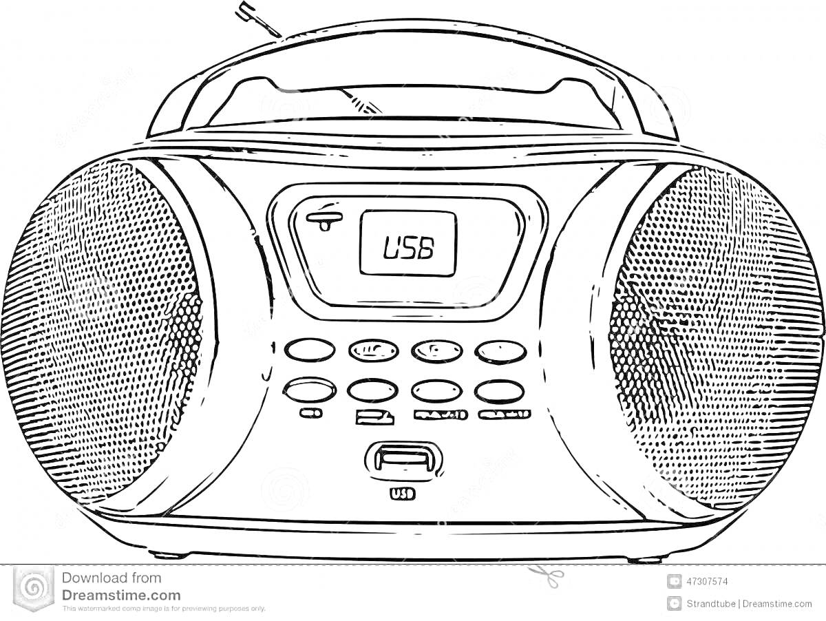 Раскраска Радиоприемник с колонками, антенной, дисплеем и USB портом