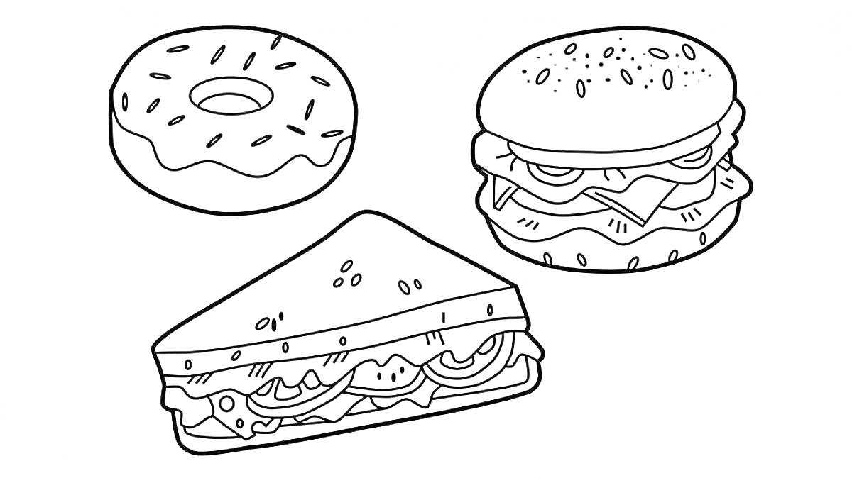 Раскраска бургер с кунжутом, сэндвич, пончик с глазурью
