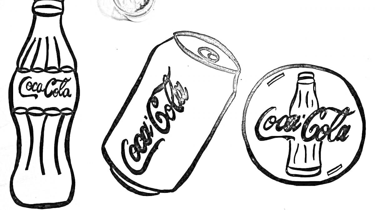 На раскраске изображено: Банка, Бутылка, Напиток, Газировка, Coca-Cola, Логотипы